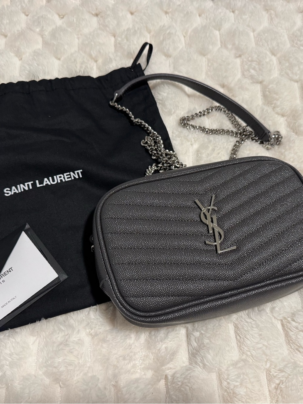Saint Laurent Gray Quilted Leather Lou Camera Bag with Silver YSL Hardware